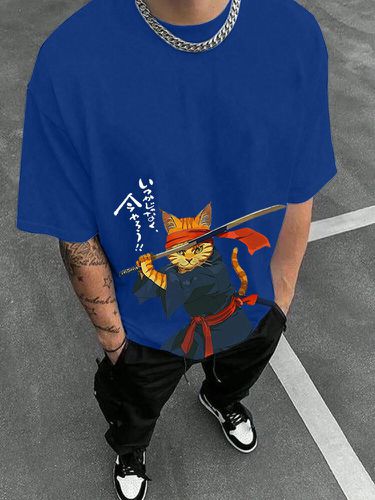 T-shirts Ã  manches courtes et col ronds, imprimÃ© chat guerrier japonais - Newchic - Modalova
