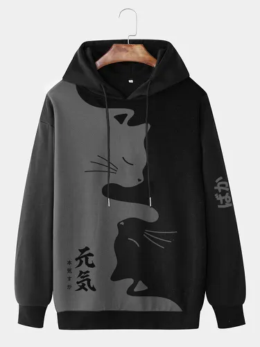 Sweat à capuche à manches longues avec cordon de serrage, imprimé chat japonais contrasté, hiver - ChArmkpR - Modalova