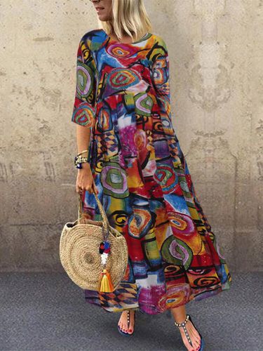 Graffiti Print O-neck Plus Size Loose Dress - ZANZEA - Modalova