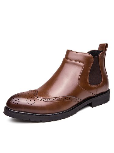 Men Stylish Brogue Carved Slip On Chelsea Ankle Boots - Newchic - Modalova