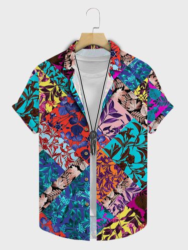 Chemises à manches courtes à col à reverss avec blocs de couleurs imprimés - Newchic - Modalova