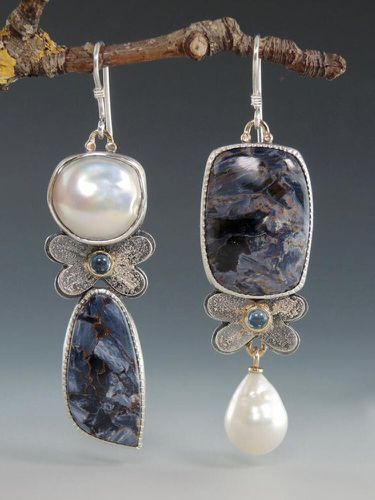 Boucles d'oreilles asymétriques en alliage vintage S925 avec perle d'opale bleue - Newchic - Modalova