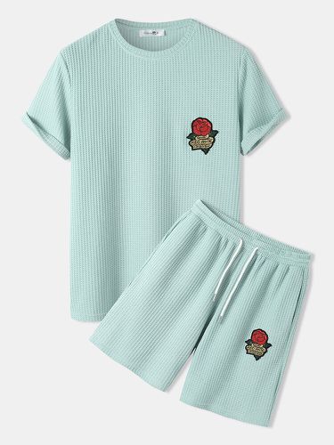 Mens Rose Embroidery Patched Knitted Short Sleeve T-Shirt & Shorts Casual Co-ords - ChArmkpR - Modalova