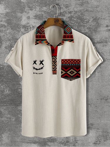 Chemises de golf à manches courtes en velours côtelés, ethnique, imprimé sourire géométrique, patchwork - Newchic - Modalova