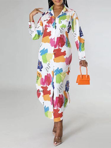 Robe chemise maxi boutonnée à manches longues et motif de blocs de couleurs géométriques - ZANZEA - Modalova