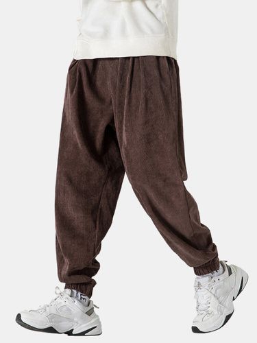 Pantalon de jogging uni à cordon de serrage en velours côtelés avec poche - Newchic - Modalova