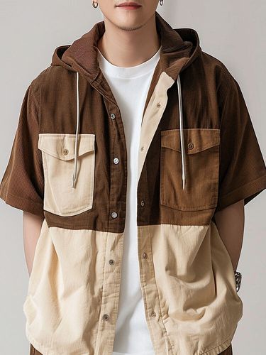 Chemises à manches courtes à capuche avec poches cargo patchworks - Newchic - Modalova