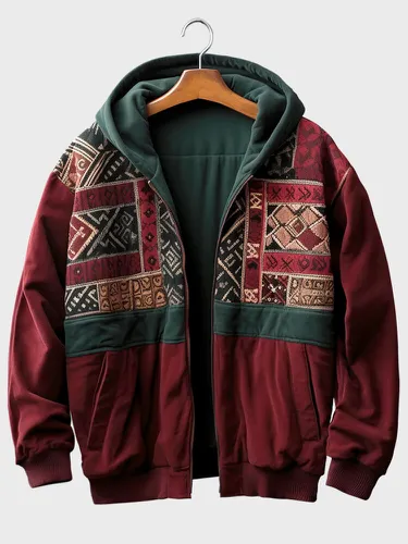 Veste à capuche avec fermeture éclair sur le devant, imprimé géométrique ethnique contrasté, patchwork, hiver - ChArmkpR - Modalova