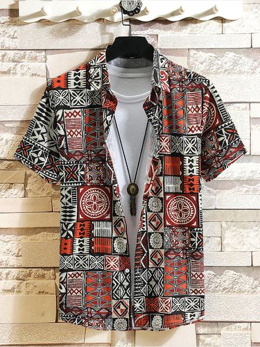 Chemises à manches courtes à col à reverss à motif géométrique ethnique - Newchic - Modalova