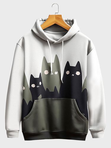 Sweat à capuche avec cordon de serrage, imprimé chat de dessin animé, poche kangourou, hiver - ChArmkpR - Modalova