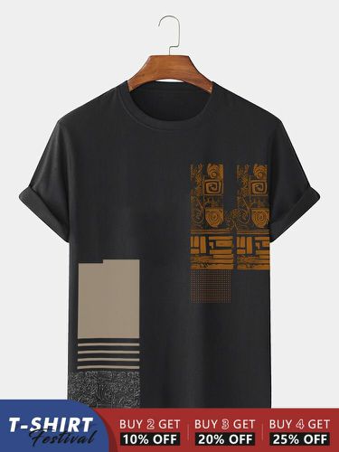 T-shirts à manches courtes et col ronds, imprimé ethnique géométrique mélangé - Newchic - Modalova