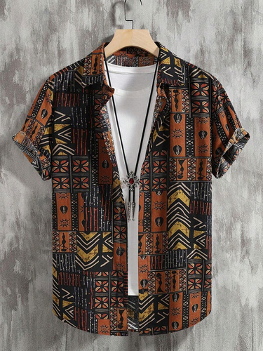Chemises à manches courtes à revers à imprimé ethnique géométriques - Newchic - Modalova