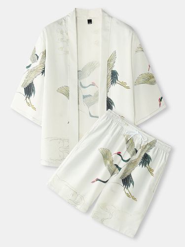Mens Ethnic Style Crane Pattern Kimono & Pocket Shorts Co-ords - ChArmkpR - Modalova