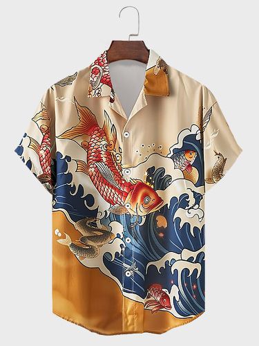 Chemises Ã  manches courtes Ã  col Ã  revers imprimÃ© carpe ondulÃ©e de style japonaiss - Newchic - Modalova