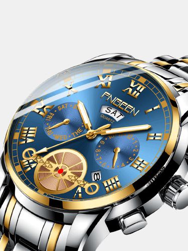 Grand Cadran Affaires Watch Acier Bande Affichage Semaine Lumineux Quartz Étanche Watch - Newchic - Modalova