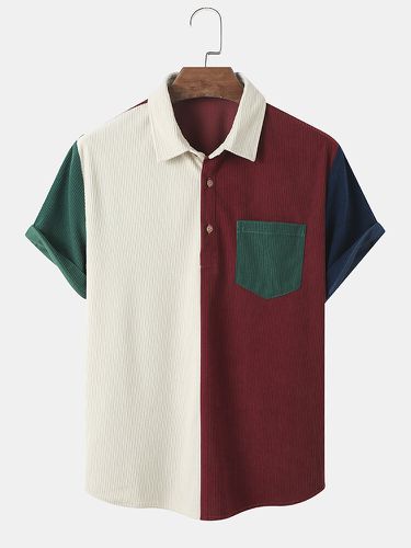 Mens Contrast Patchwork Preppy Corduroy Short Sleeve Golf Shirts - Mensclo - Modalova