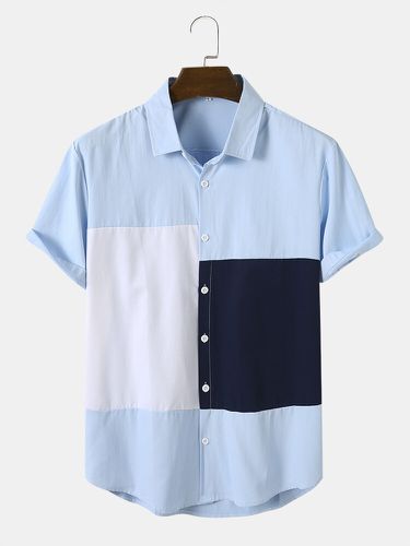 Mens Color Block Patchwork Lapel Casual Short Sleeve Shirts - Newchic - Modalova