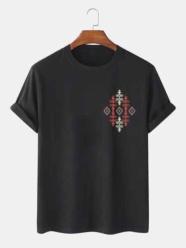 T-shirts à manches courtes et col ronds, imprimé ethnique géométrique sur la poitrine, hiver - Newchic - Modalova
