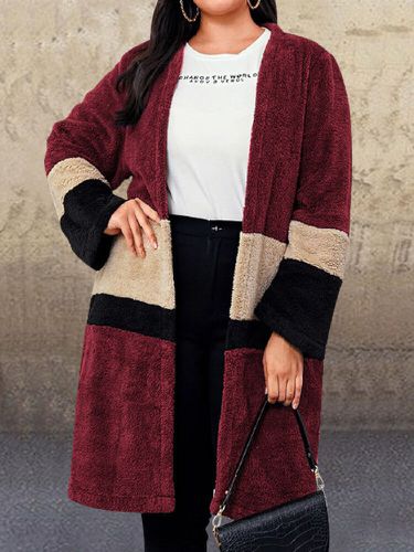 Manteau moelleux à manches longues et patchwork de couleur contrastée de grande taille - Newchic - Modalova