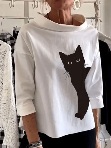 T-shirt décontracté à manches 3/4 à col roulé et imprimé chat mignon - Newchic - Modalova