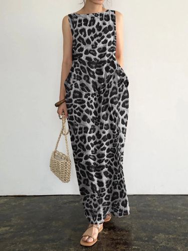 Sleeveless Pocket Leopard Print Round Neck Maxi Dress - ZANZEA - Modalova