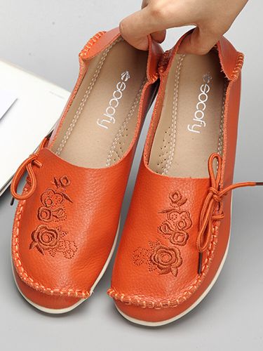 Women Large Size Floral Embroidery Stitching Soft Flats Leather Loafers - Lostisy - Modalova