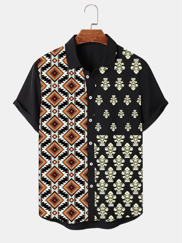 Chemises à manches courtes à revers en patchworks avec imprimé de plantes géométriques ethniques - Newchic - Modalova
