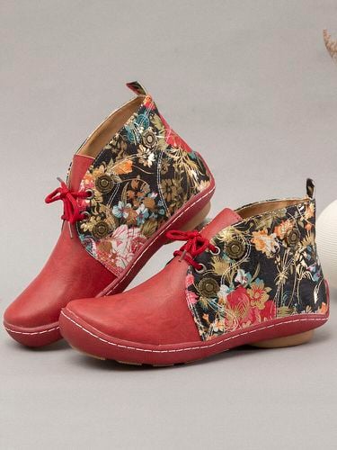 Flowers Pattern Splicing Solid Color Round Toe Comfy Lace-up Flat Ankle Boots - Lostisy - Modalova