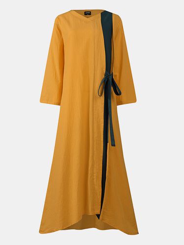 Robe vintage décontractée à col en V noué avec patchwork de couleur contrastée - VONDA - Modalova