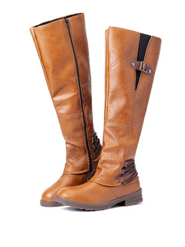 Plus Size Women Metal Buckle Decor Slip On Mid Calf Riding Boots - Lostisy - Modalova