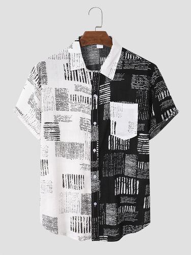 Mens Contrast Line Print Patchwork Casual Short Sleeve Shirts - Newchic - Modalova