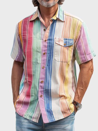 Chemises décontractées à col à revers et poche poitrine à rayures multicoloress - Newchic - Modalova