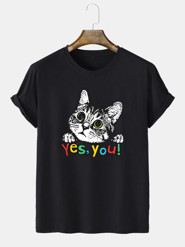T-shirts à manches courtes et col rond imprimés de lettres de chat de dessin animés, hiver - Newchic - Modalova