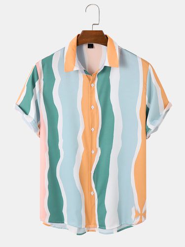 Mens Colorful Stripe Lapel Holiday Short Sleeve Shirts - ChArmkpR - Modalova