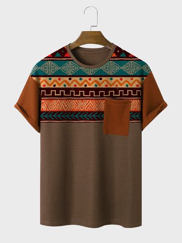 T-shirts à manches courtes en patchwork avec poche poitrine à imprimé géométrique ethniques - Newchic - Modalova