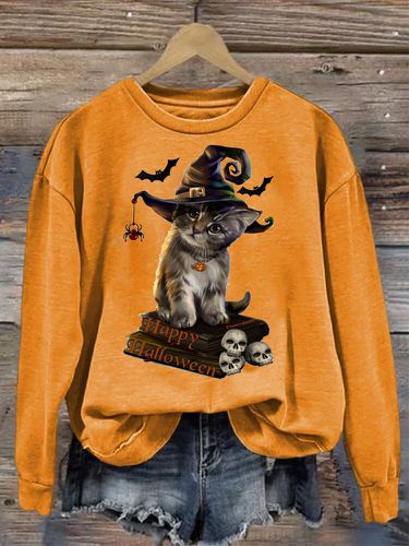 T-shirt à manches longues et col rond, imprimé tête de mort et chat, Halloween - Newchic - Modalova