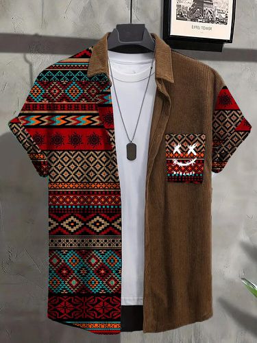 Chemises à manches courtes en velours côtelés, ethnique, imprimé sourire géométrique, patchwork - Newchic - Modalova