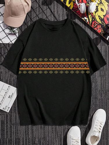 T-shirts à manches courtes et col ronds à imprimé géométrique ethnique hiver - Newchic - Modalova