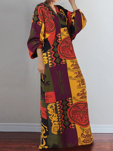 Robe longue imprimée vintage à col en V et manches lanterne - VONDA - Modalova