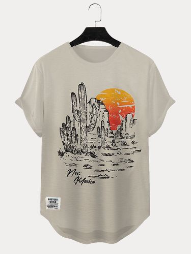 T-shirts à manches courtes avec ourlet incurvé et imprimé paysage de cactuss - Newchic - Modalova