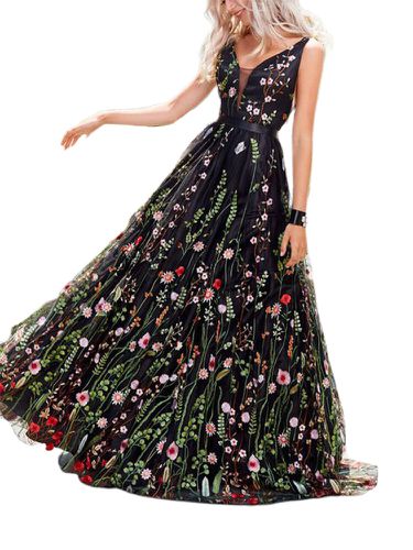 Floral Embroidered Backless Sleeveless Evening Dress - Newchic - Modalova