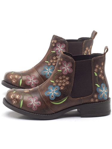 Women Retro Floral Embroidery Comfy Wearable Chelsea Ankle Boots - Lostisy - Modalova