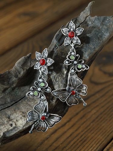 Alliage Vintage Diamond Flower Long Tassel Papillon Perle Boucles D'oreilles - Newchic - Modalova