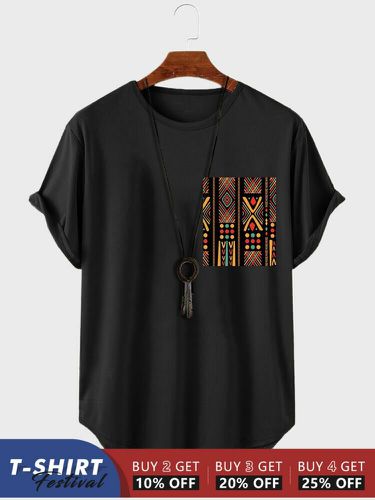 S Colorful T-shirts à manches courtes à ourlet incurvé et imprimé géométrique ethnique - Newchic - Modalova