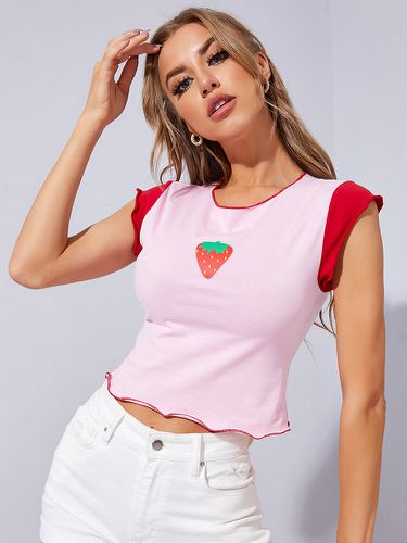 T-shirt Strawberry Graphic Cap Sleeve Contrast Color Lettuce Trim - Newchic - Modalova
