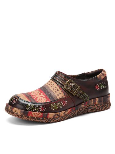 Chaussures plates à motif ethnique rétro en patchwork fait main en cuir véritable - Socofy - Modalova