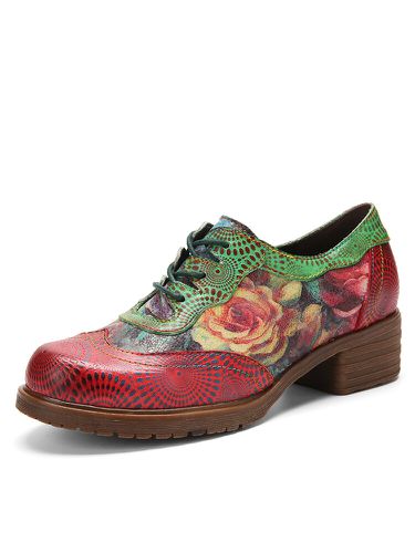 Scocofy Cuir Véritable Patchwork Rétro Floral Colorblock Confortable Chaussures Oxfords à Talons Bas à Lacets - Socofy - Modalova