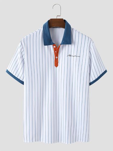 Mens Vertical Stripe Contrast Patchwork Preppy Short Sleeve Golf Shirts - Mensclo - Modalova