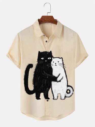 Chemises décontractées à manches courtess, imprimé chat mignon, revers, hiver - ChArmkpR - Modalova