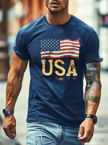 T-shirts à manches courtes et col rond imprimé drapeau américains - Newchic - Modalova